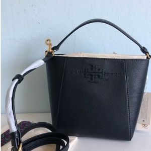 Tory Burch McGraw Small Bucket Bag leather Purse Black Crossbody NWT